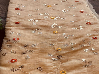 Peach Silver Sequins & Thread Embroidered Chanderi Fabric