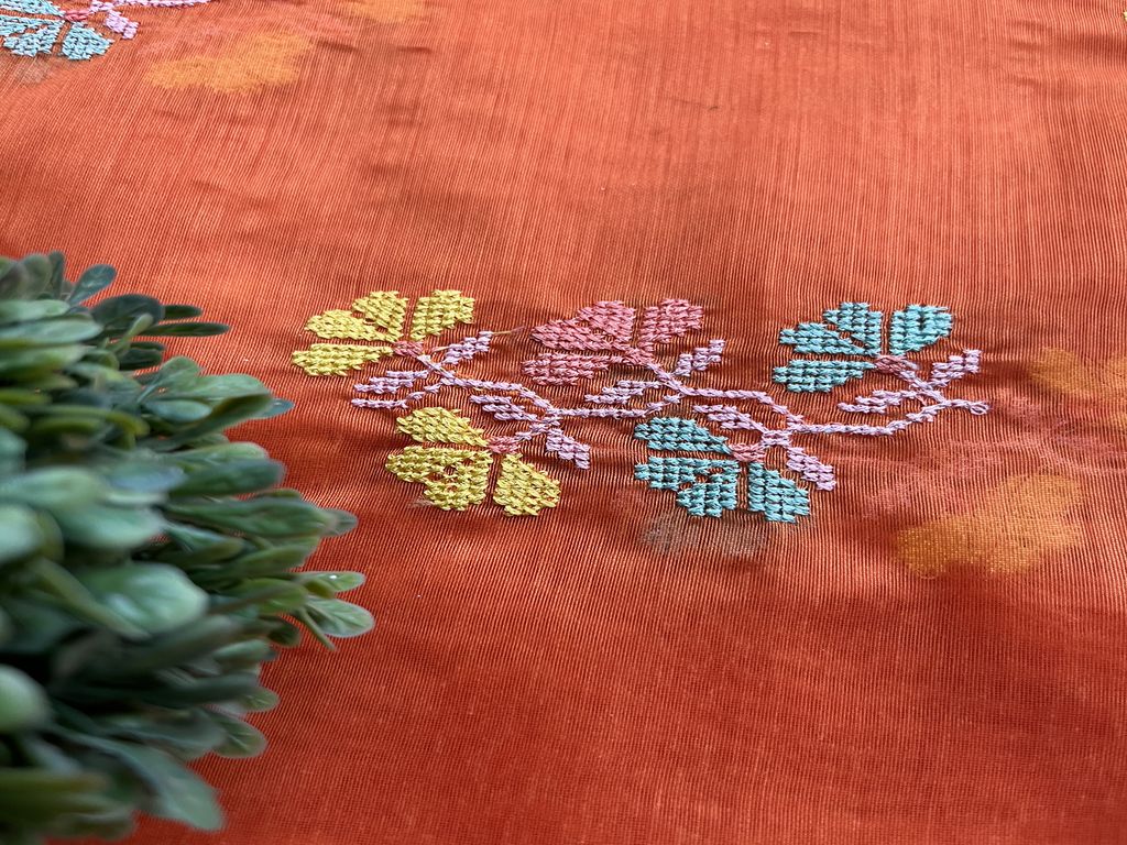 Saffron Orange Multicoloured Cross Stitch Embroidered Chanderi