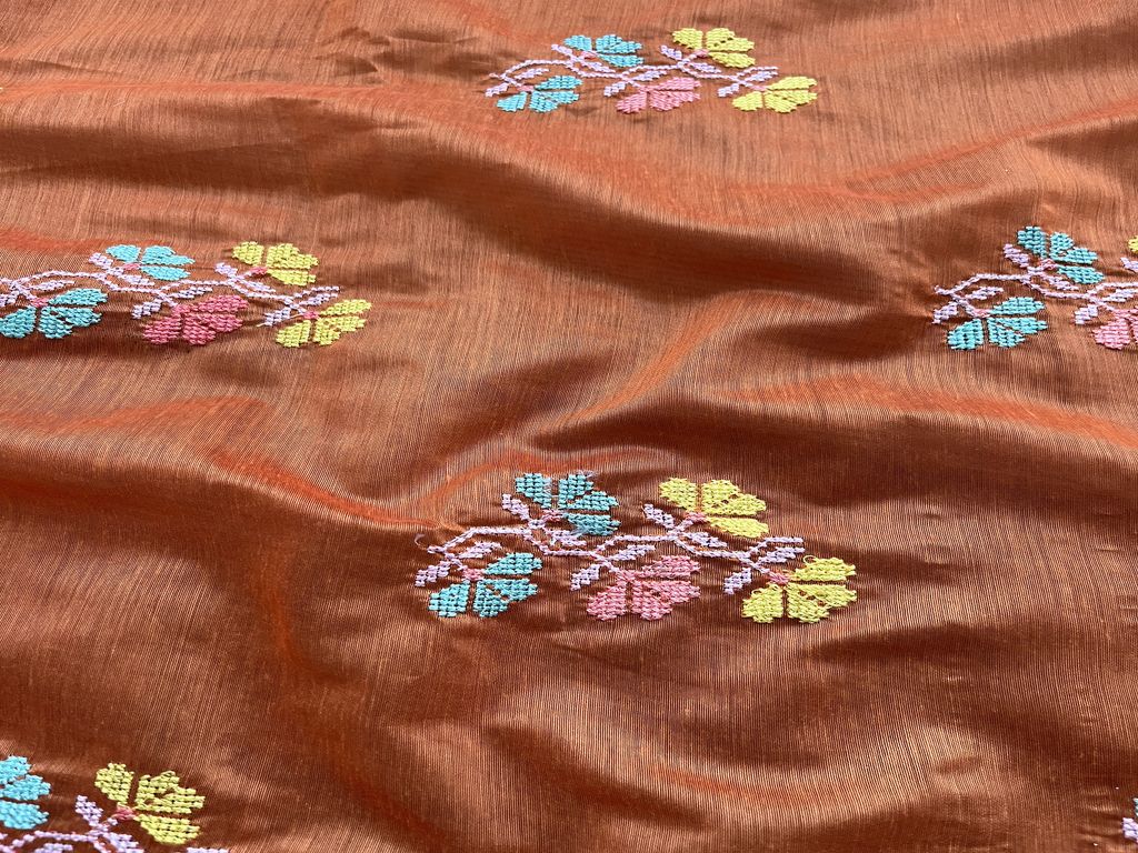 Saffron Orange Multicoloured Cross Stitch Embroidered Chanderi