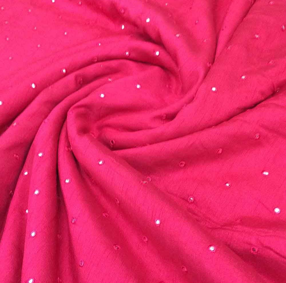 Hot Pink Motifs Mirror Work Embroidered Viscose Dola Silk Fabric