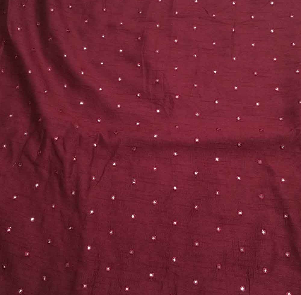 Maroon Motifs Mirror Work Embroidered Viscose Dola Silk Fabric