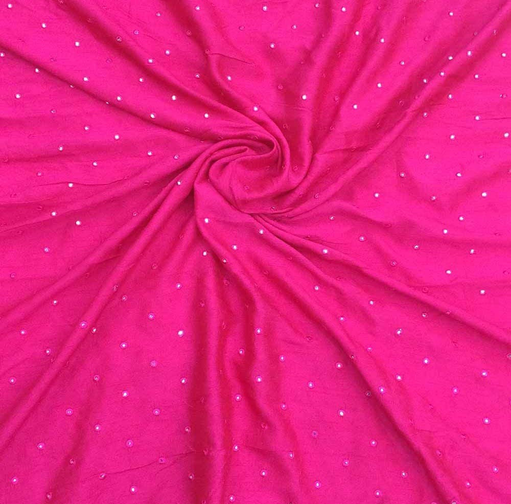 Rani Pink Motifs Mirror Work Embroidered Viscose Dola Silk Fabric