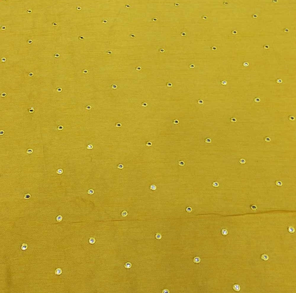 Dark Yellow Motifs Mirror Work Embroidered Viscose Dola Silk Fabric