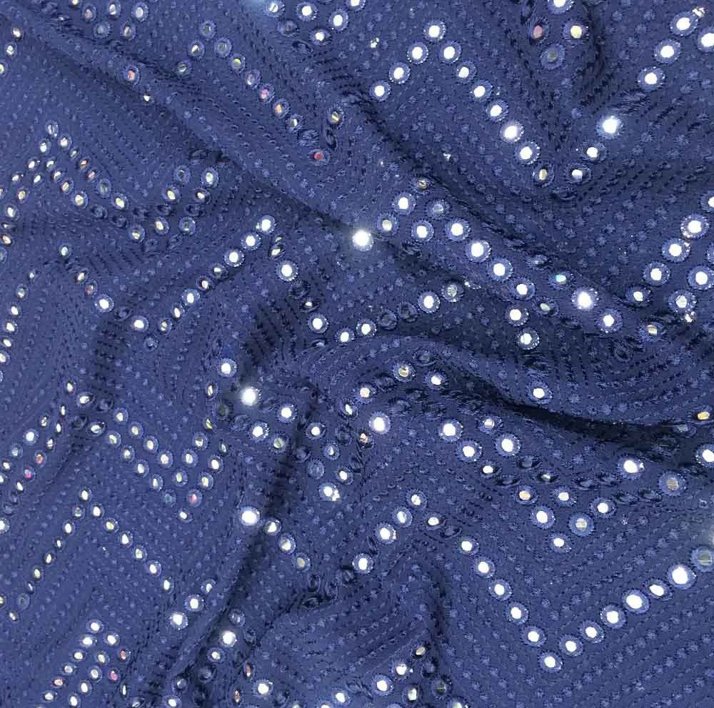 Dark Blue Chevron Mirror Work Embroidered Dyeable Viscose Georgette Fabric