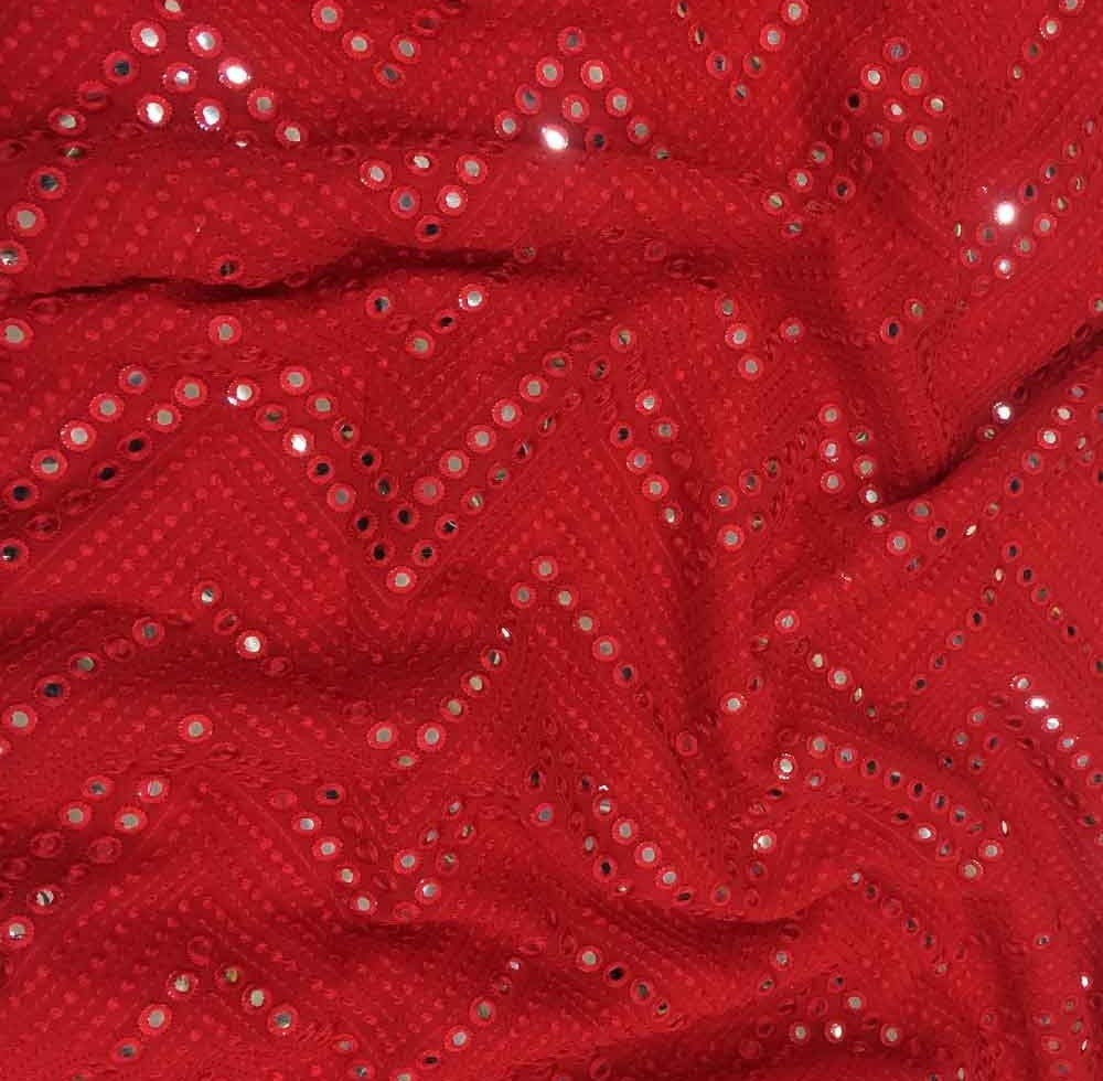 Red Chevron Mirror Work Embroidered Dyeable Viscose Georgette Fabric