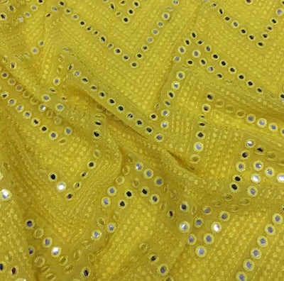 Yellow Chevron Mirror Work Embroidered Viscose Georgette Fabric