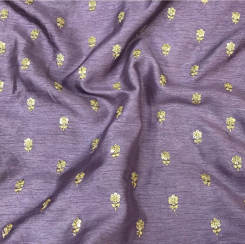 Dusty Lavender Flower Butti Embroidered Viscose Dola Silk Fabric