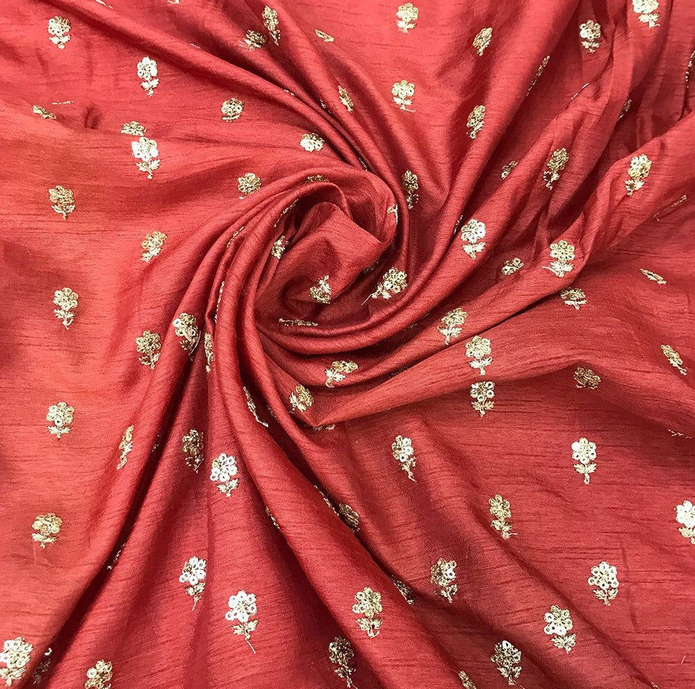 Rust Flower Butti Embroidered Viscose Dola Silk Fabric