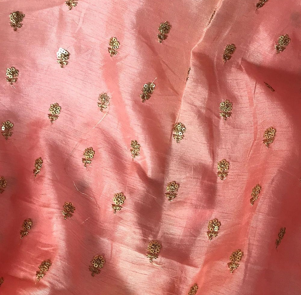 Light Peach Flower Butti Embroidered Viscose Dola Silk Fabric