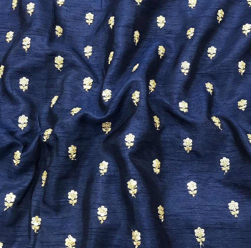 Navy Blue Flower Butti Embroidered Viscose Dola Silk Fabric