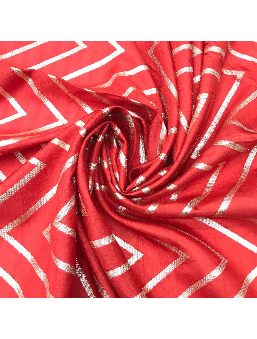 Red Zari Chevron Slub Dupion Banarasi Fabric